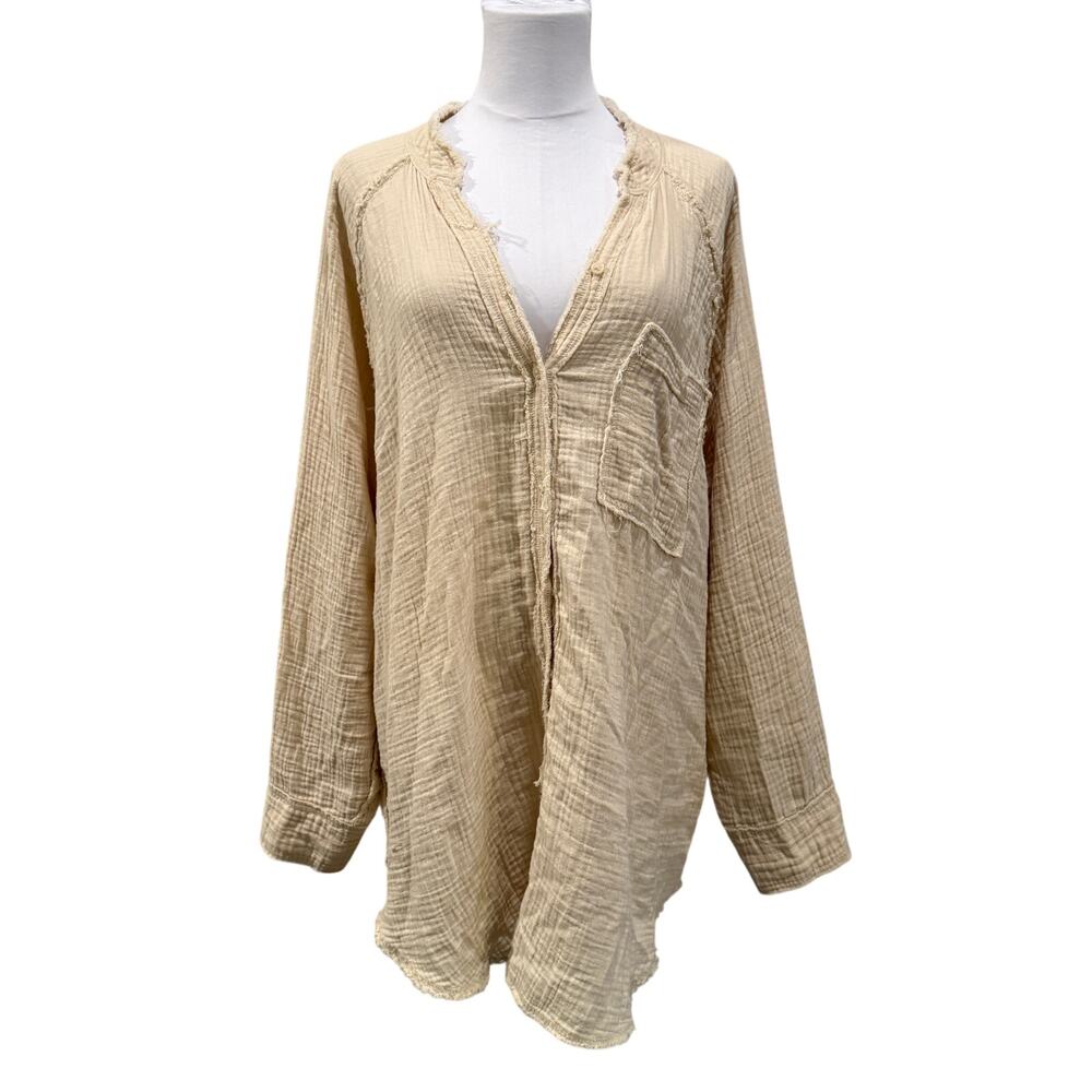 Aerie Gauzy Coverup Shirt Soft Oat Cream Large Lagenlook Beach Resort Vacation - Picture 2 of 10